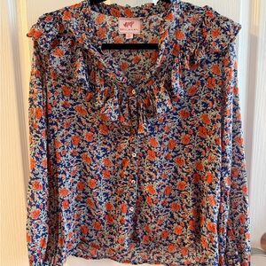 Banjanan Floral Ruffle Blouse Blue and Orange Size Small